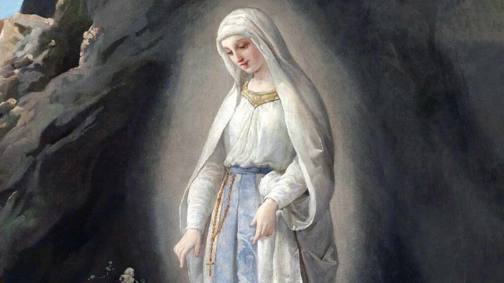 Pintura da aparição de Nossa Senhora de Lourdes na gruta na França